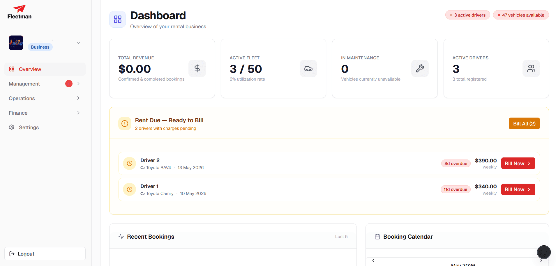 FleetMan admin dashboard — pending rent billing, fleet stats, and booking calendar